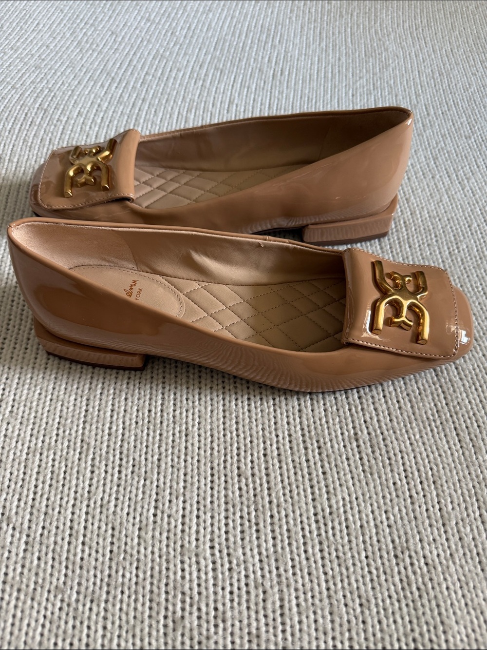 Sam Edelman Tan Patent Loafers with Gold Chain Accent